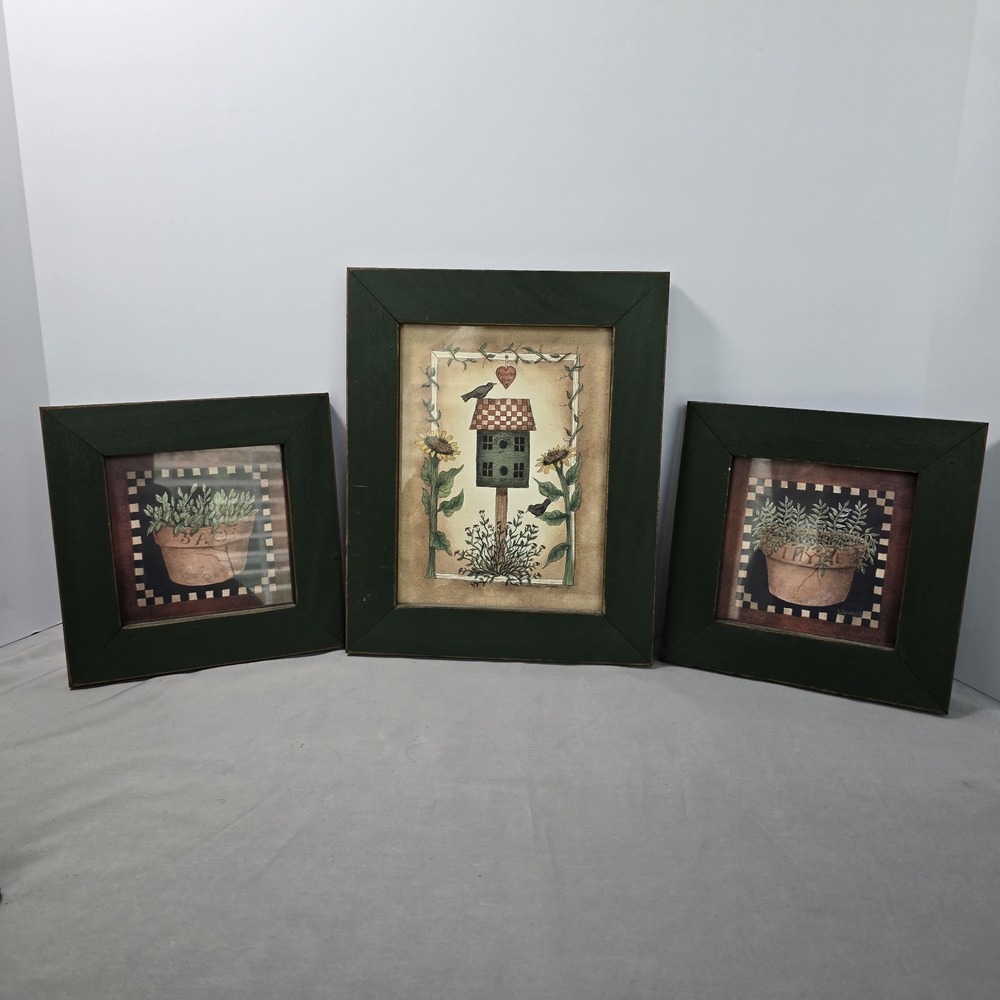 Country Cottage Decor 3-Piece Picture Set Green Frame Birdhouse Tyme Sage